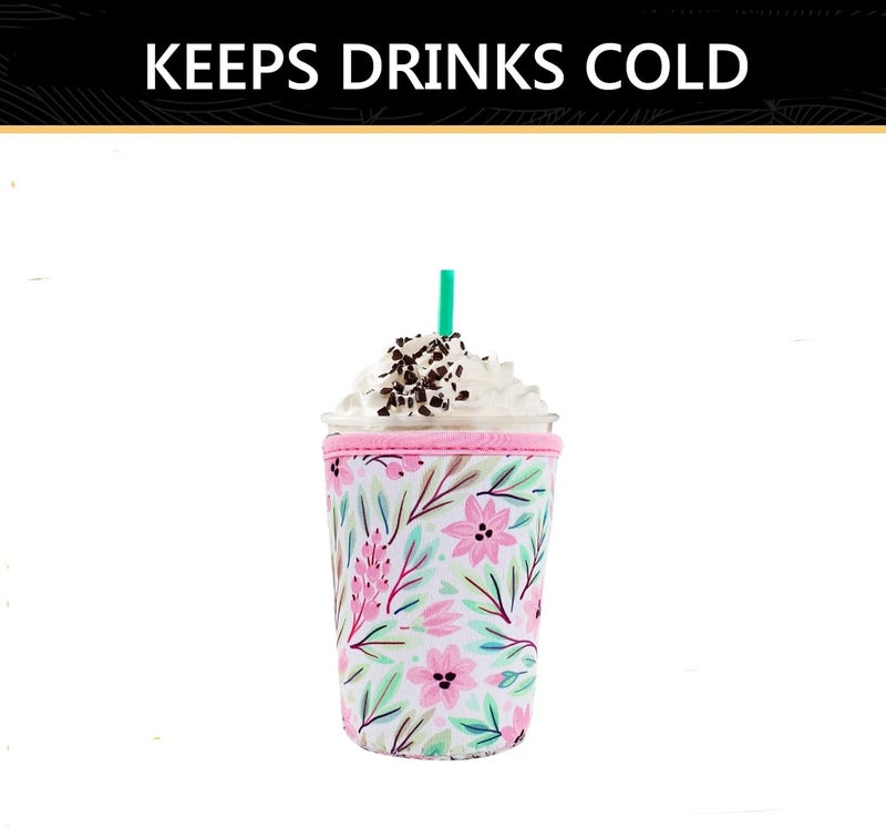 YR Reusable Neoprene Insulator Sleeve for Iced Coffee Cups, 3 Pack Coffee Coolies sleeves for Iced & Hot Drinks, Cold Beverage Cooler Compatible with Starbucks Coffee and More (Pink Flower) - Image 4